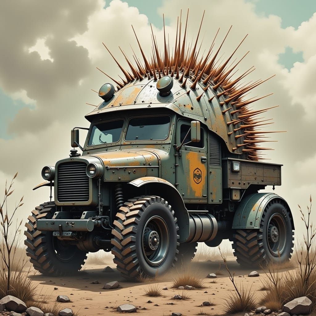 Armored Porcupine Vehicle on Dystopian Battlefield