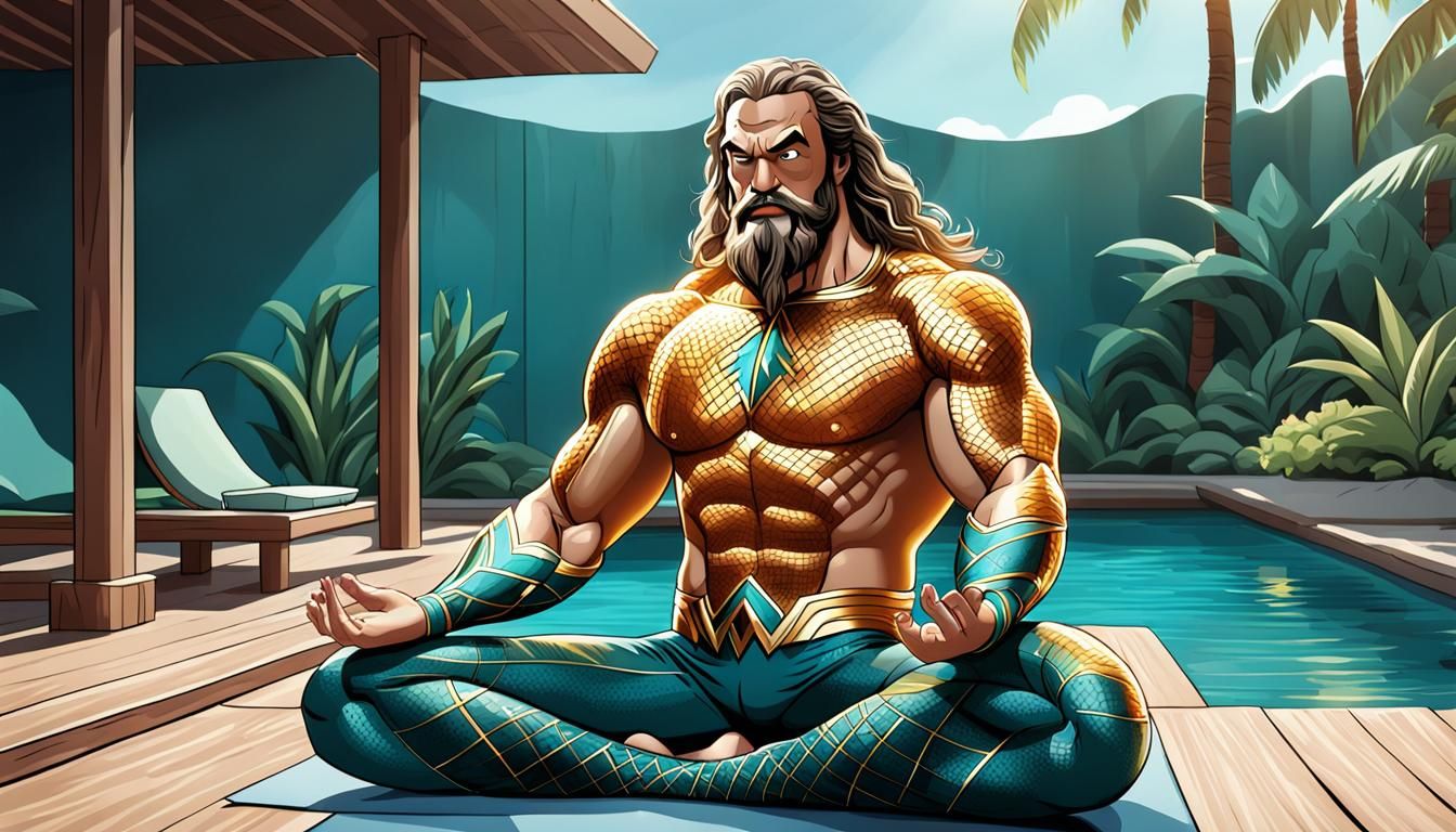Aquaman Cartoon Illustration Meditating on Vacation