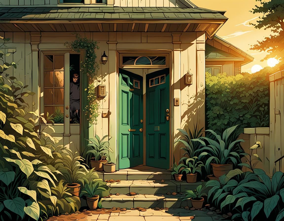 Person in Doorway of House in Comic Book Art