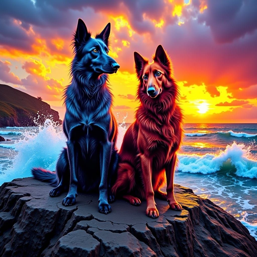 Irish Kelpies on Jagged Rocks at Sunset