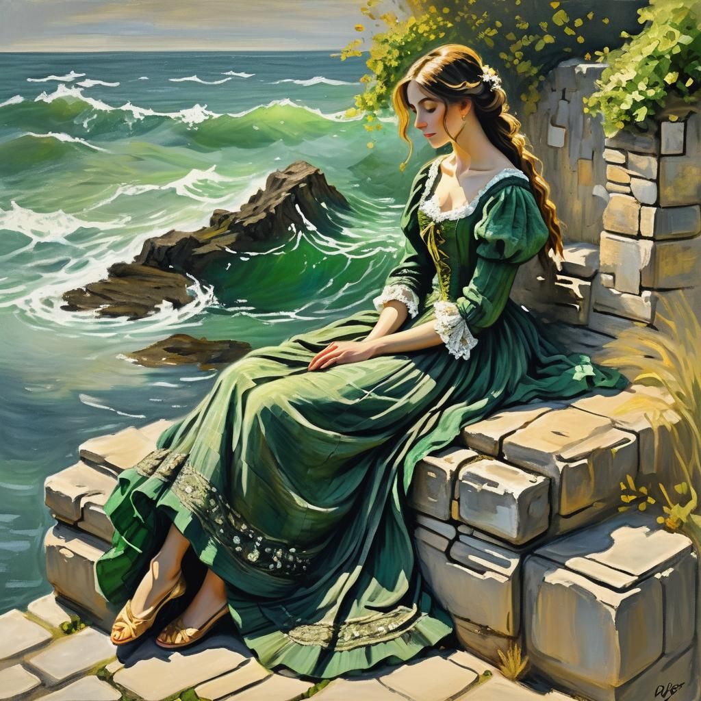 Renaissance Girl in Green Dress, Impasto Painting