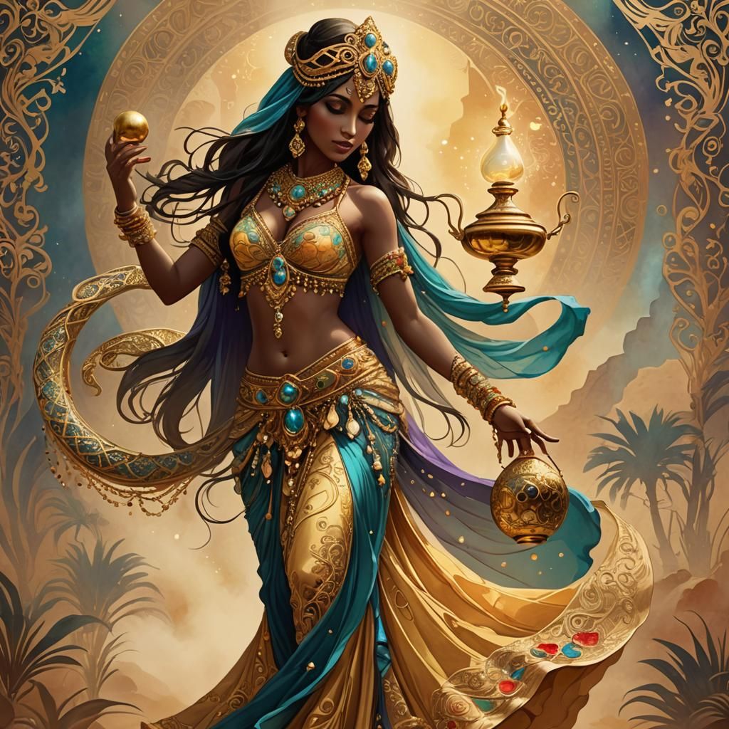 Golden Bellydancer in Desert Oasis, Art Nouveau Style