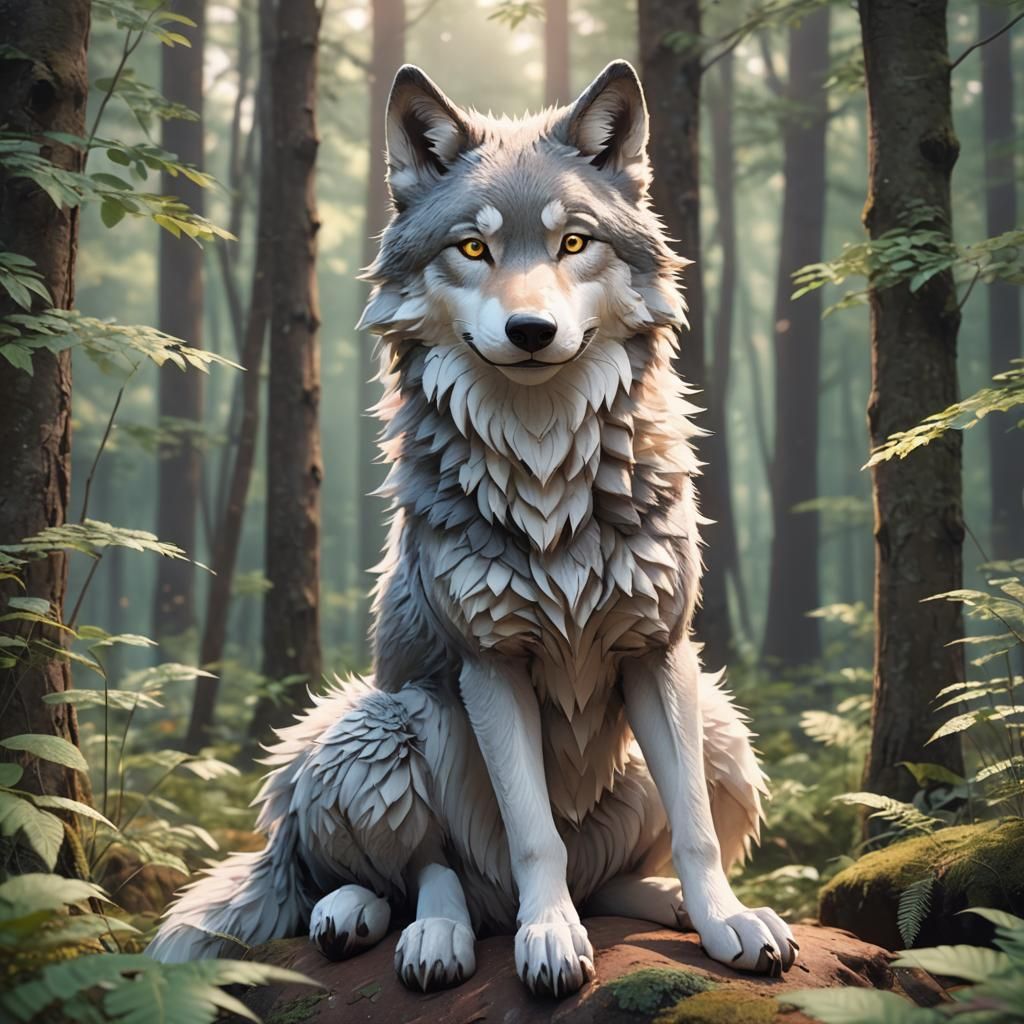 Anime Wolf in Serene Forest Landscape