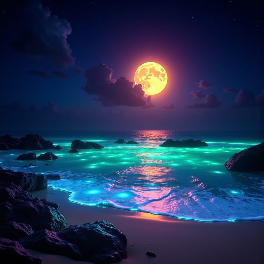 Dreamy Beach Scene Under a Full Moon