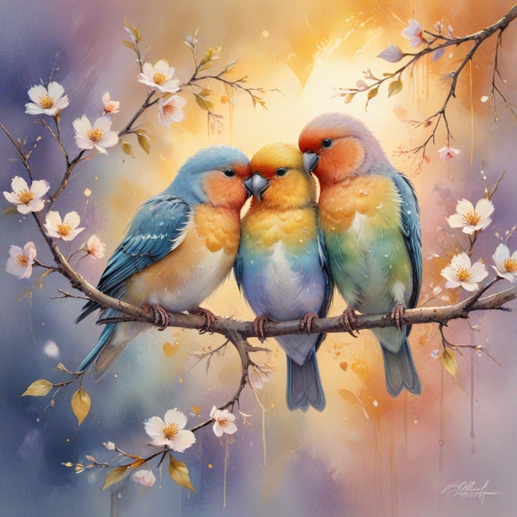 Watercolor Love Birds on Heart Branch