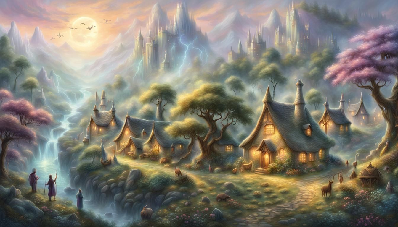 Elven Village Fantasy Art in Pastel Colors