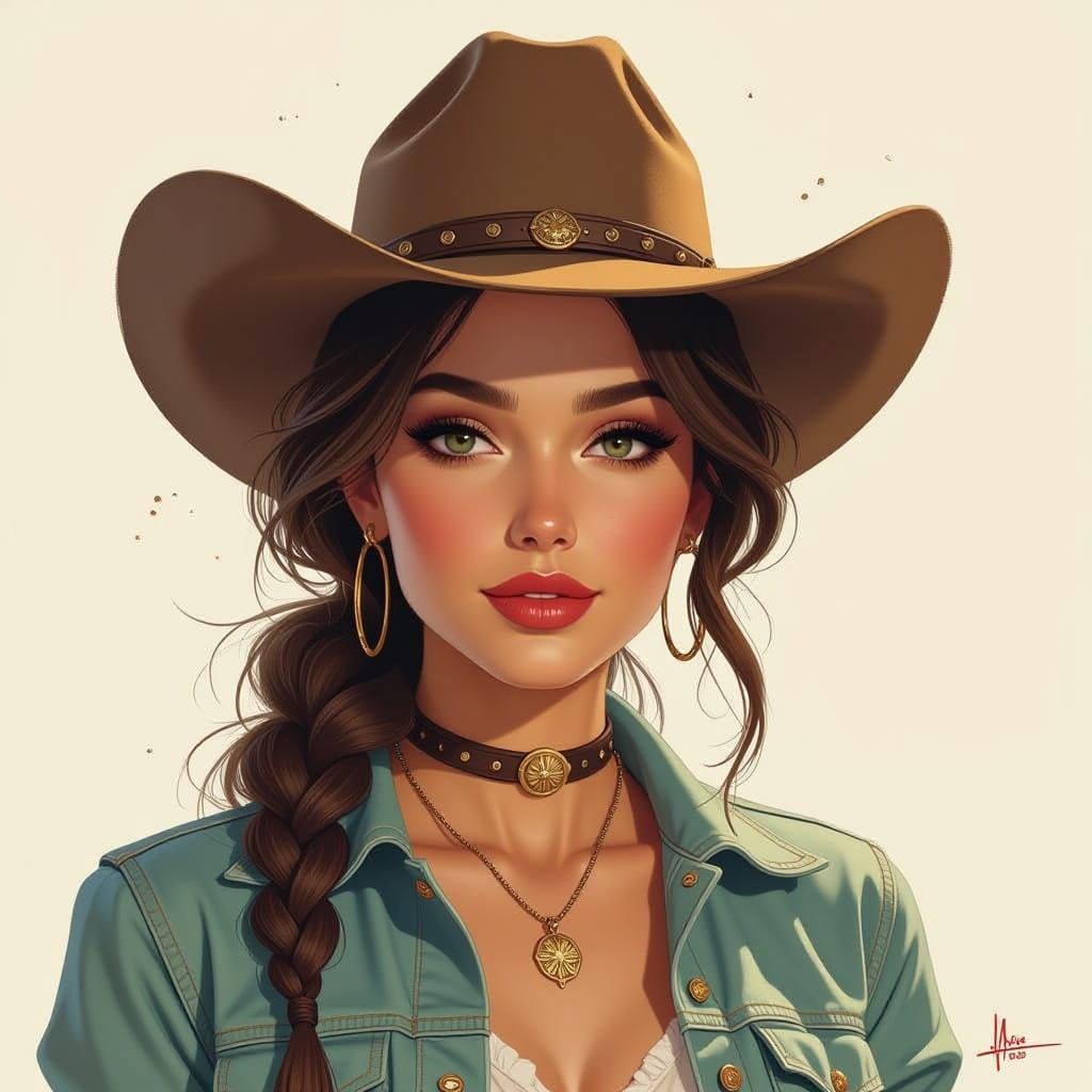 Dynamic Cowgirl Portrait in Vibrant Splash Art Style