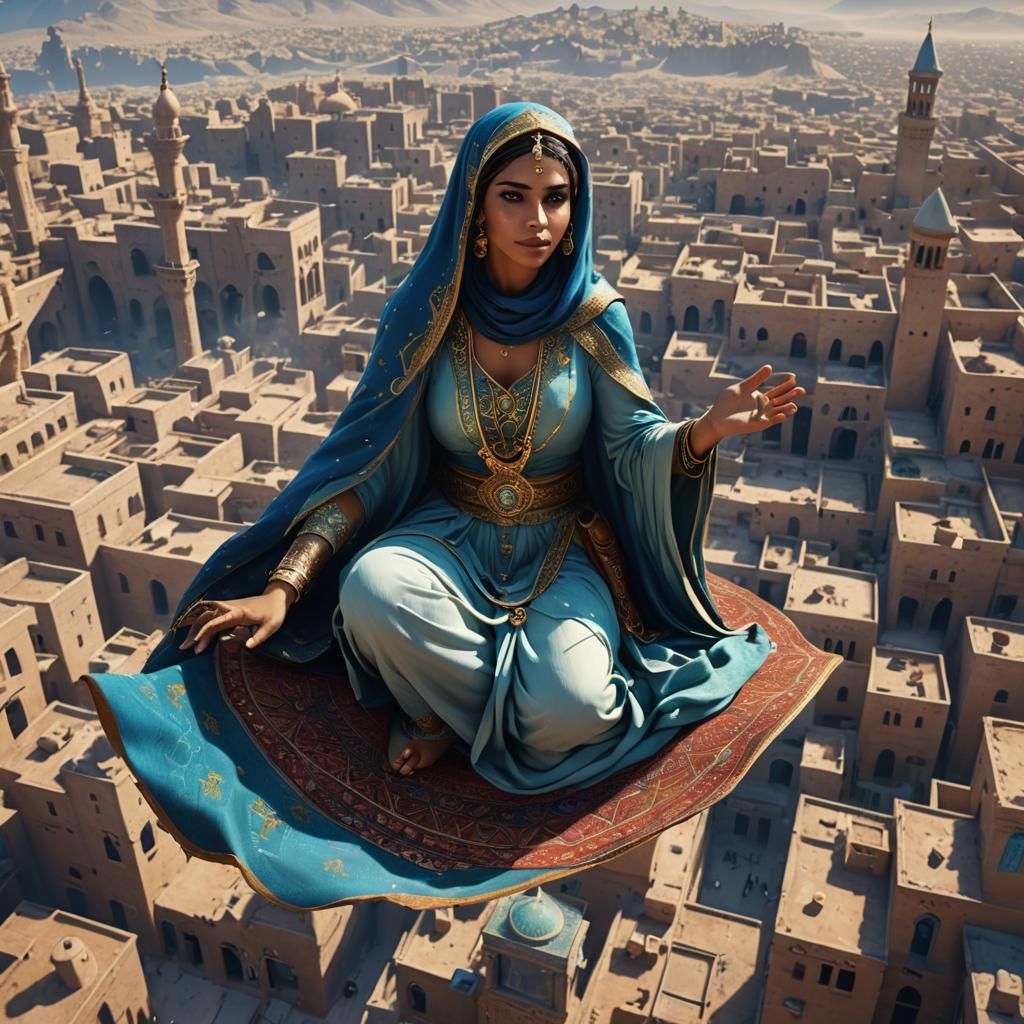 Arabian Girl on Magic Carpet Over Baghdad