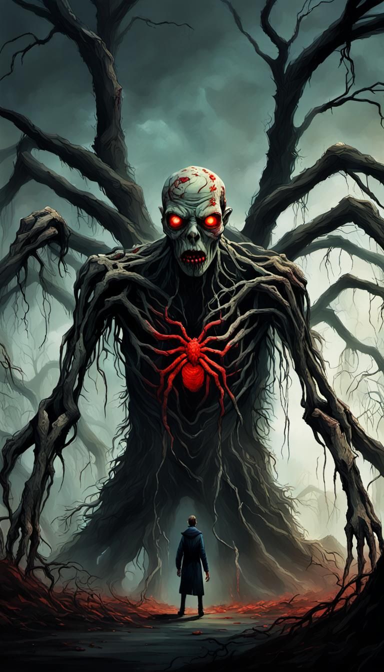 Eerie Zombie and Spider in Glitching Fractal Landscape