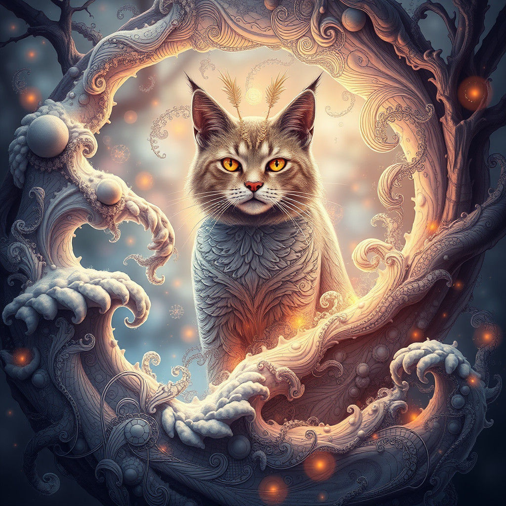 Mystical Feline Queen in Fractal Dreamscape