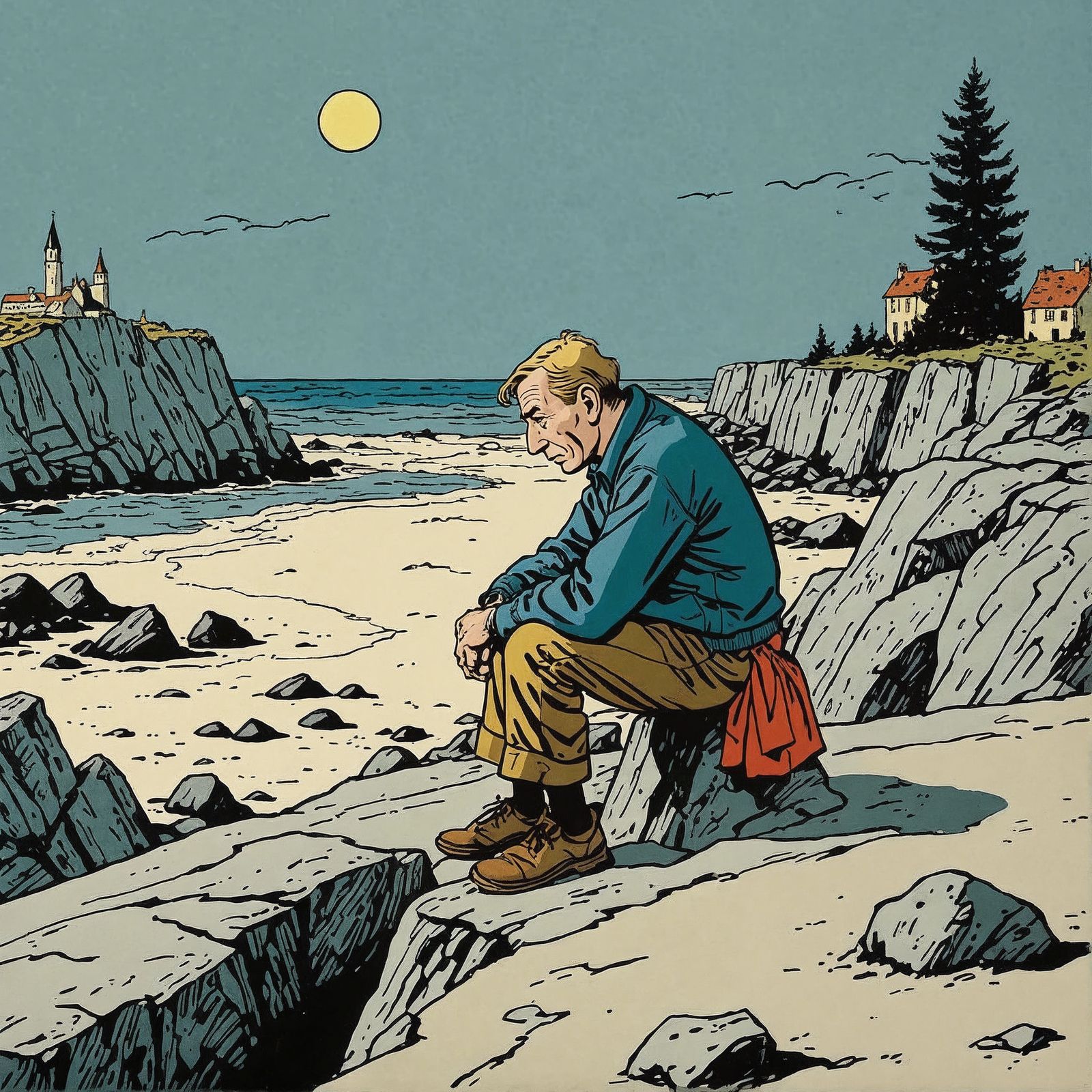 Sad Man Alone: Pen and Ink Hergé Illustration