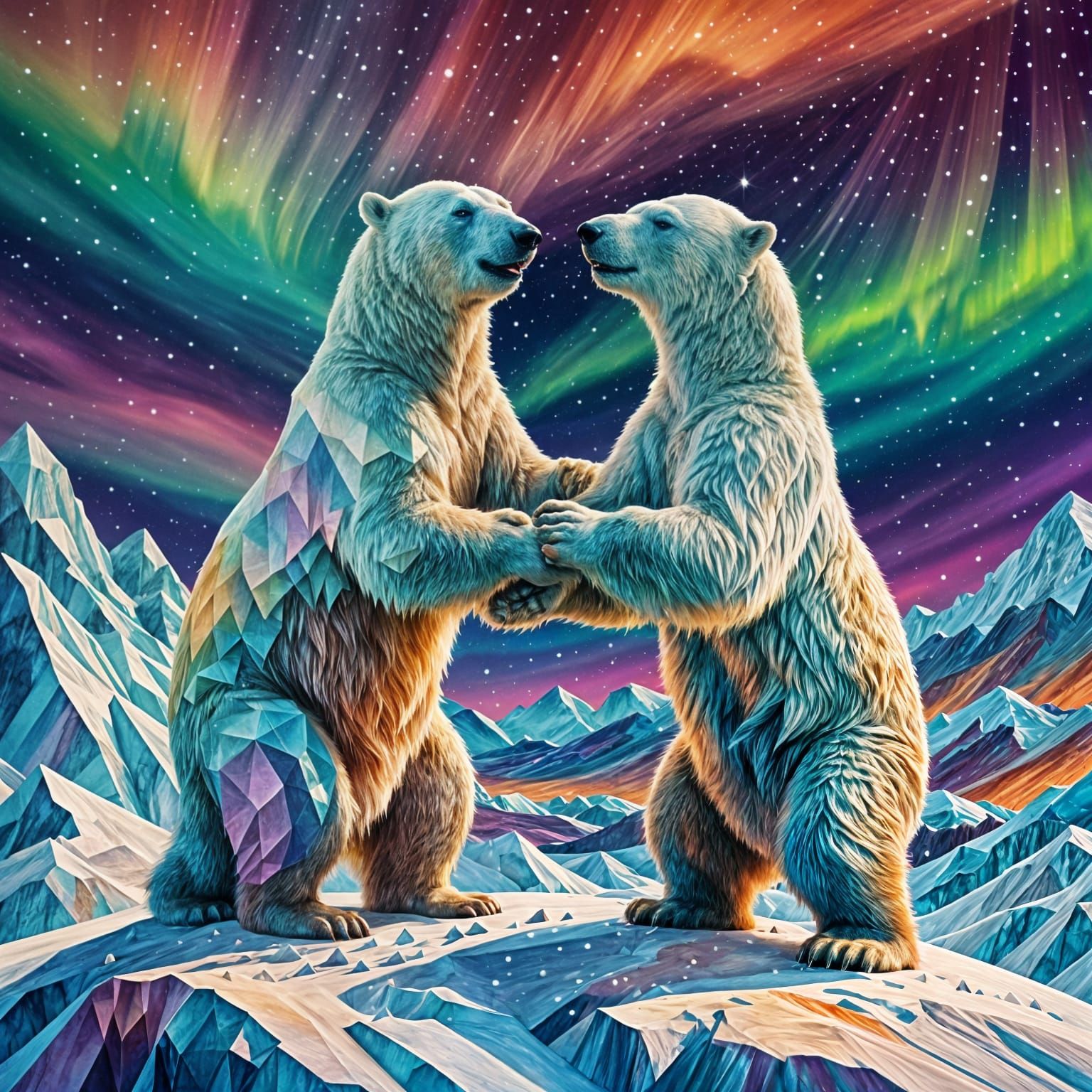 Dancing Polar Bears in Crystalline Fauvism Style