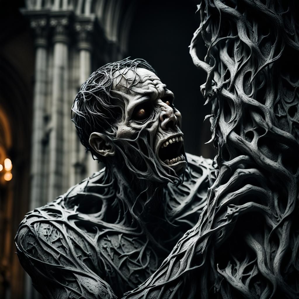 Terrified Figure Consumed by Vines in Gothic Horror