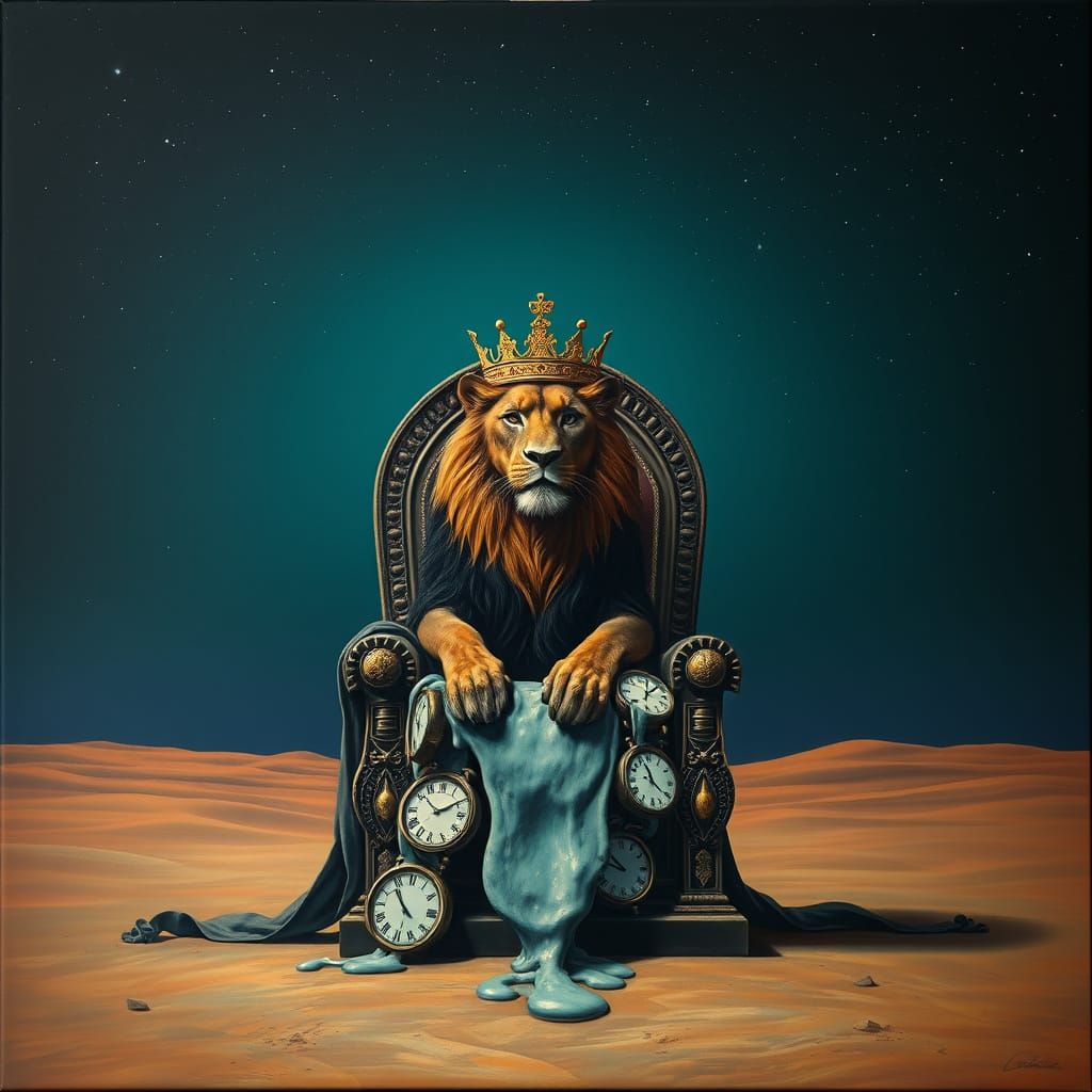 Majestic Lion King on Desert Throne Under Starry Sky