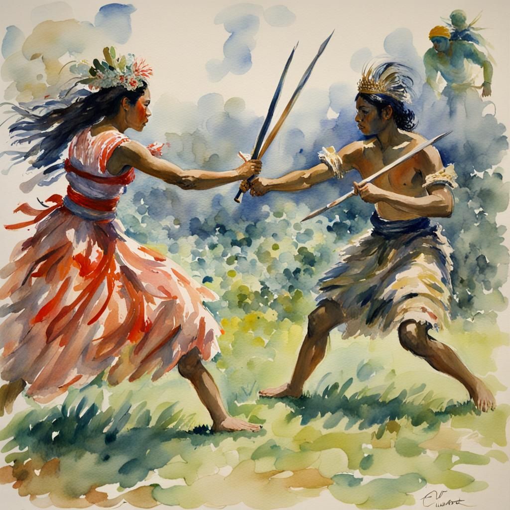 Tahitian Queen Pomare's Duel in Watercolor Style