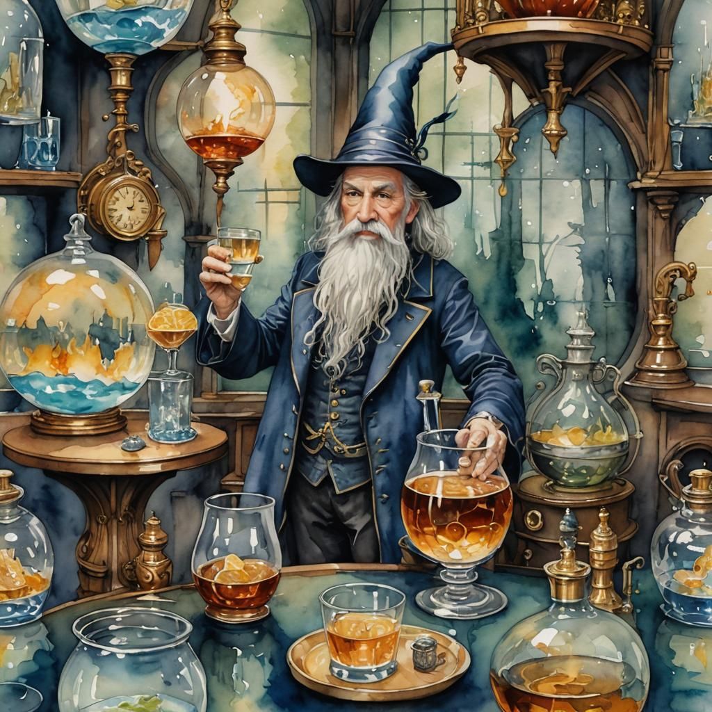 Watercolor Wizarding Waterworld with Whiskey Wyrm