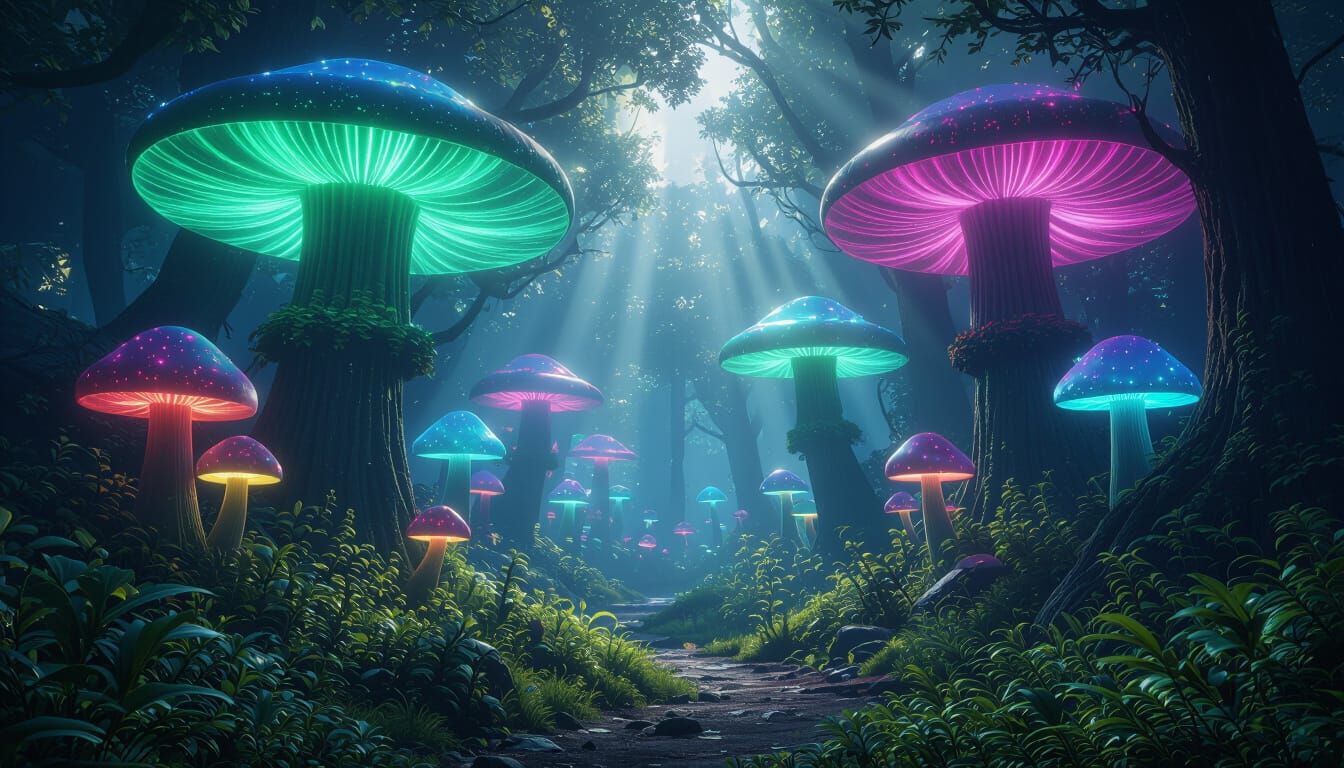 Enchanted Forest with Bioluminescent Mushrooms in Unreal Eng...