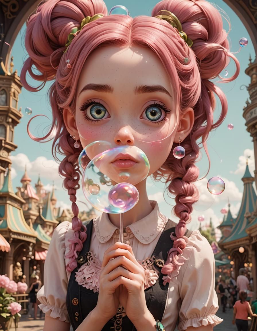Whimsical Girl Blowing Bubble, Digital Art Style