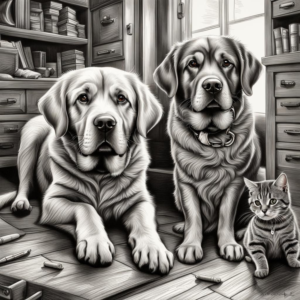 Hyperrealistic Drawing of Dog and Cat Friends