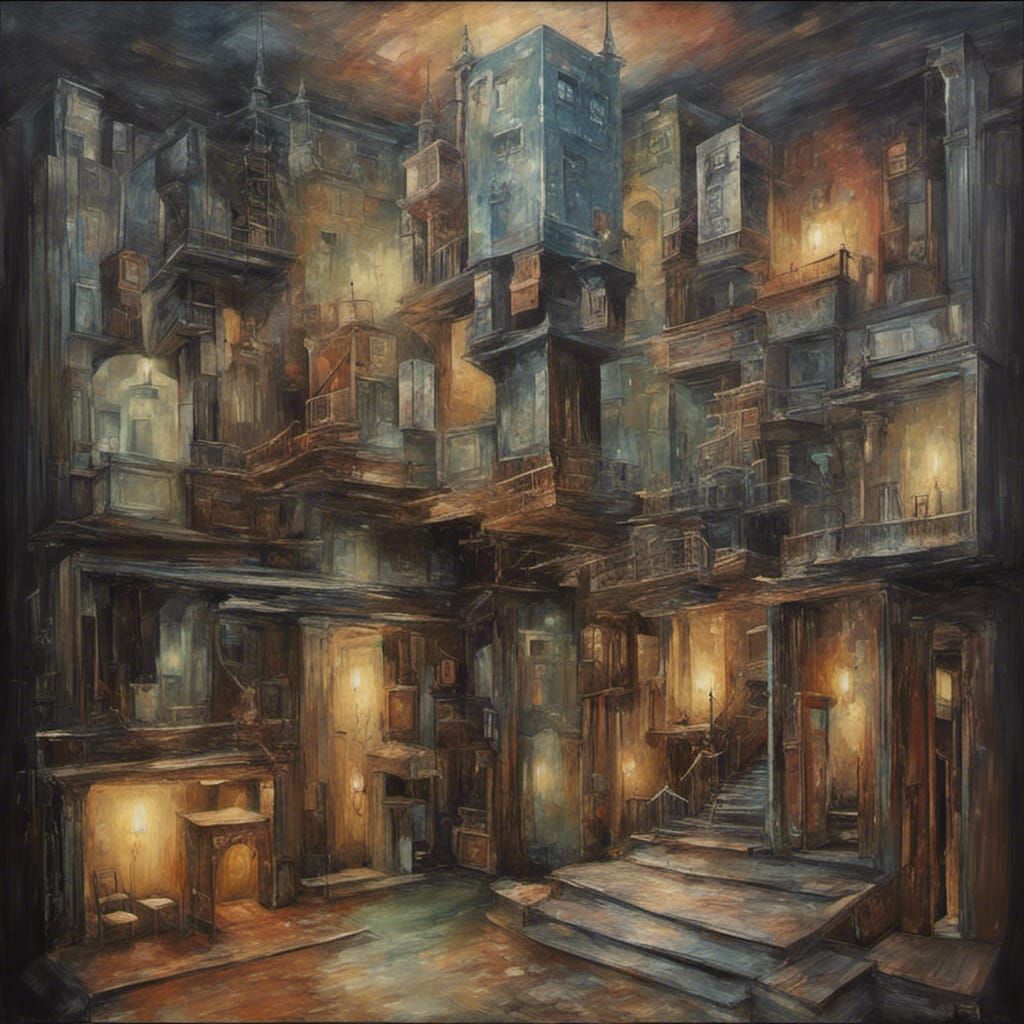 Ethereal Cubed Rooms: An Oil Painting of Suspense