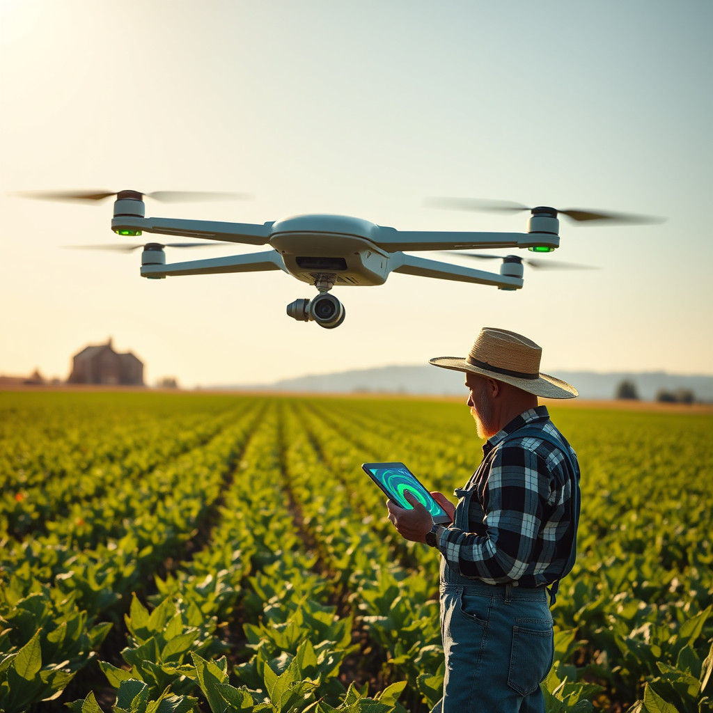 Futuristic AI Drone Monitors Lush Agricultural Field