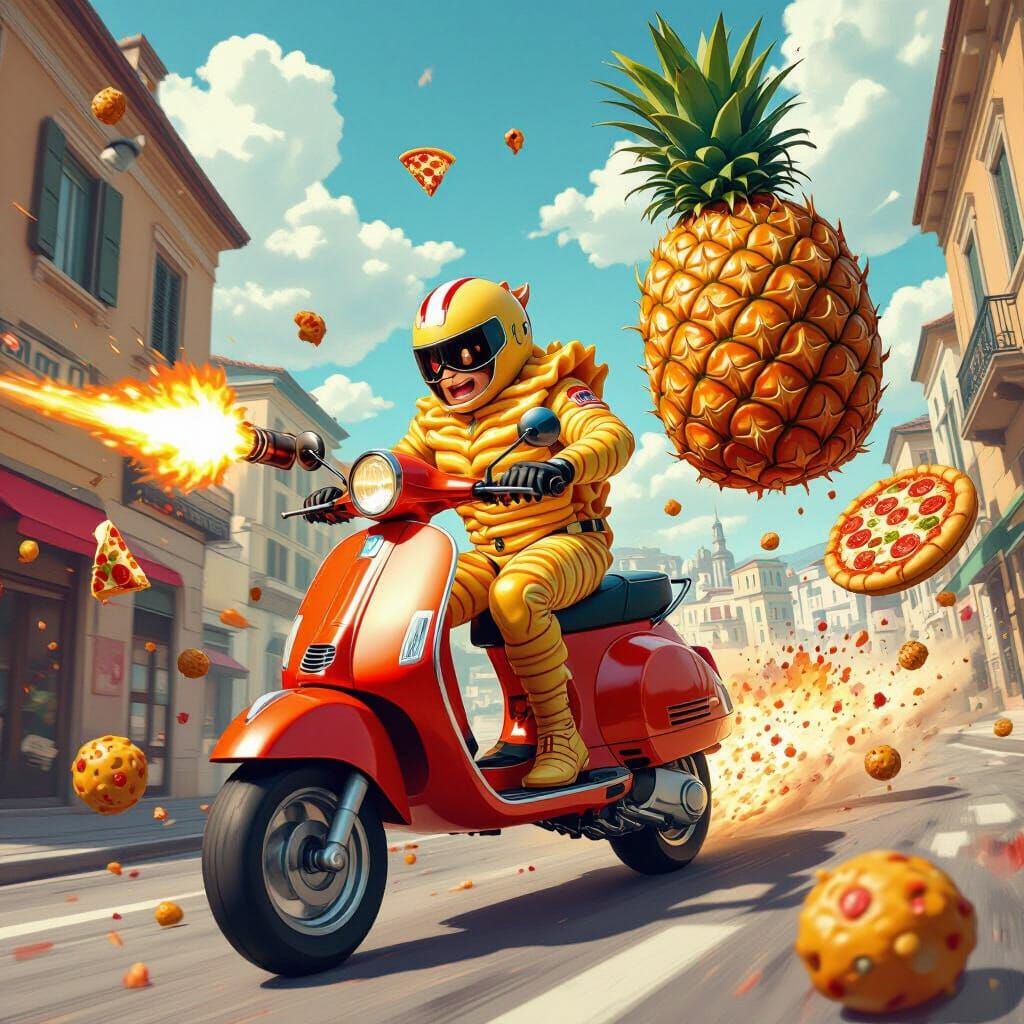 Captain Cannelloni's High-Speed Chase in Surreal Cityscape