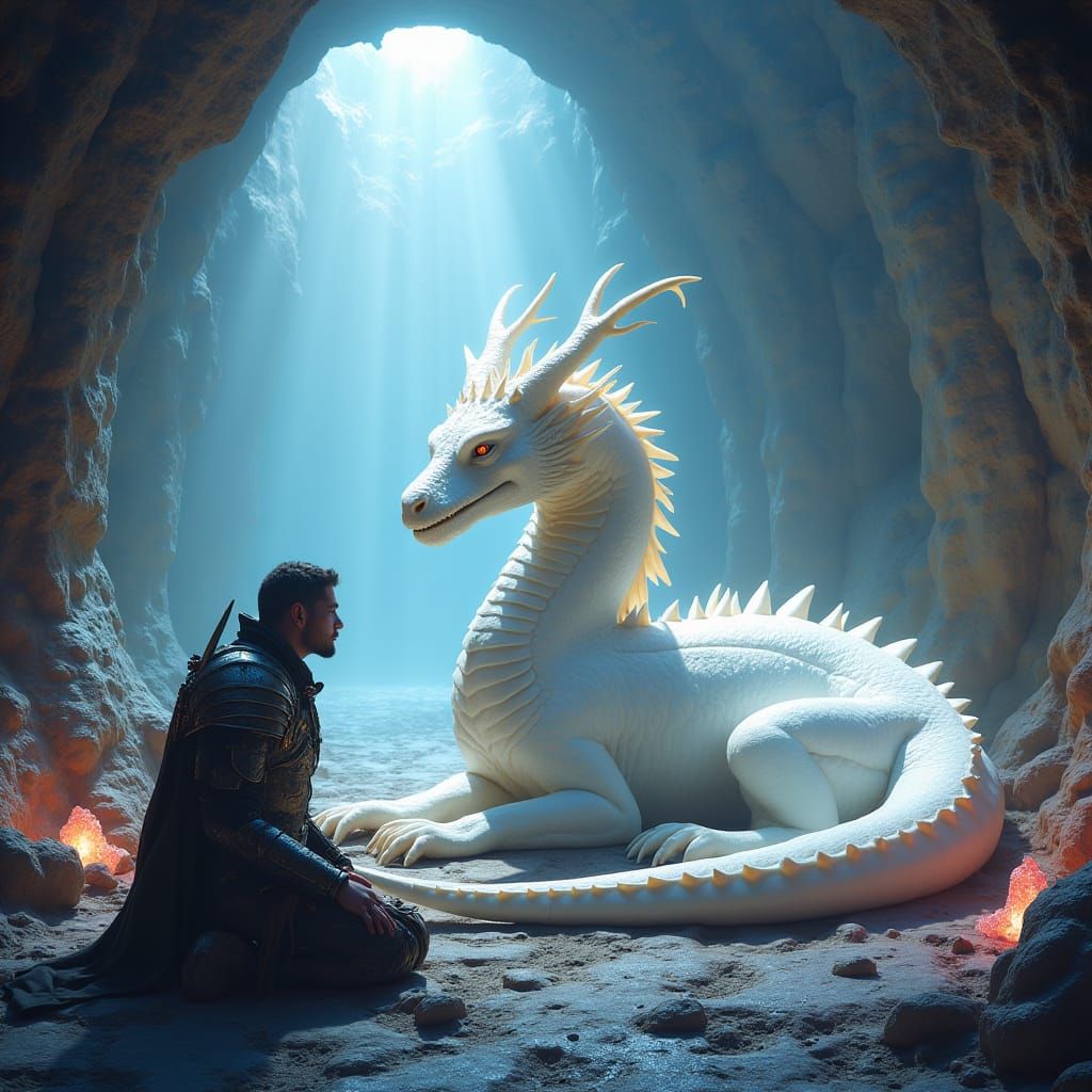 White Dragon and Knight in Mystical Cave