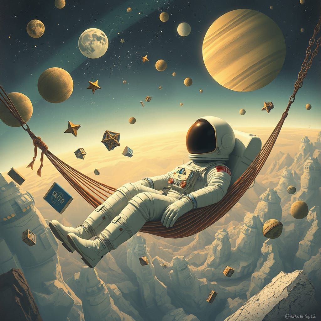 Floating Astronaut in Cosmic Hammock Scene