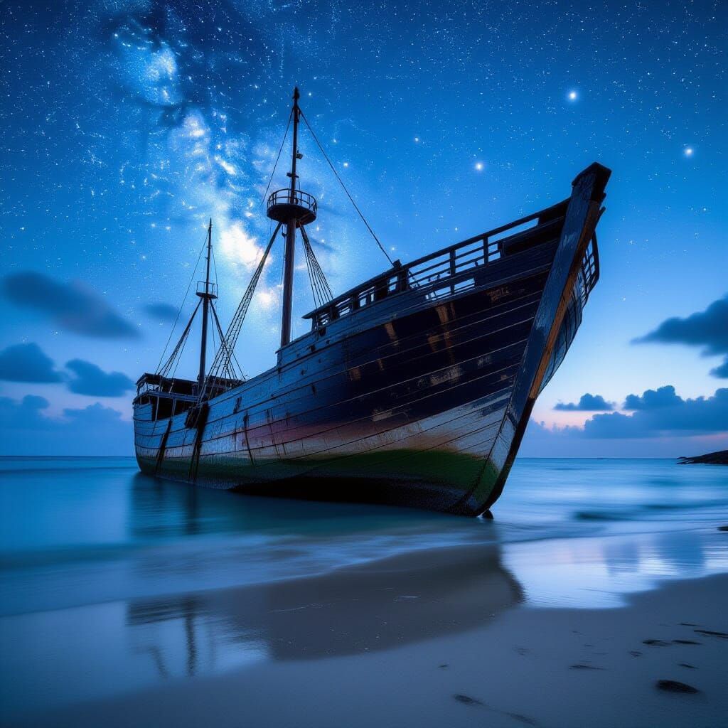 Starlit Shipwreck on Beach with Ethereal Glow