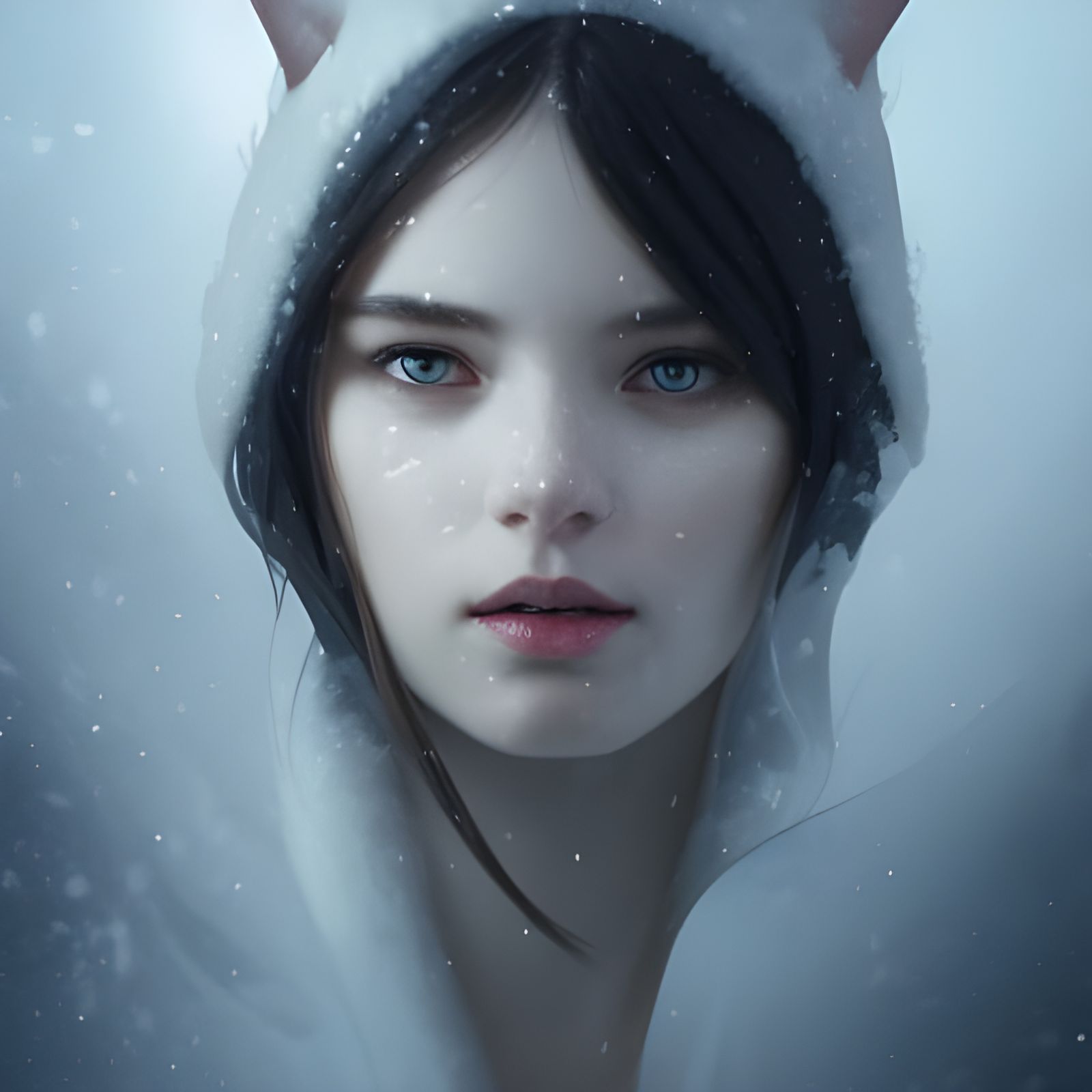 Young Woman with Cat Eyes in Snowy Portrait