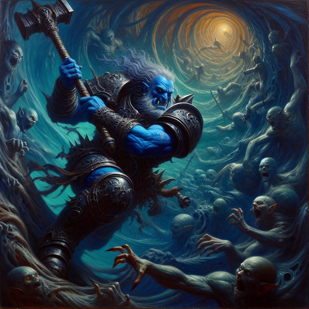 Tenebrism Masterpiece: Blue-Skinned Knight Battles Dark Unde...