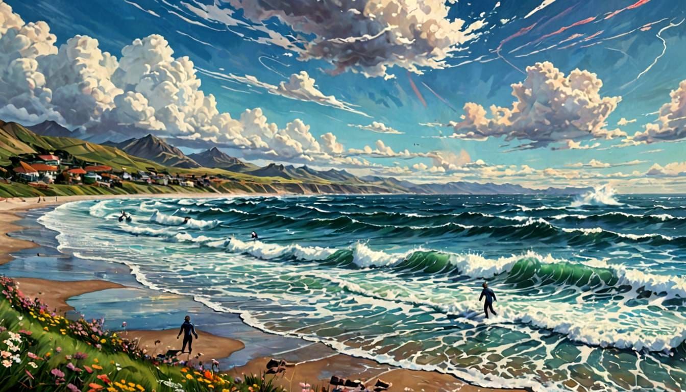 Futuristic Coastline Landscape with Surfers, Rainbow Colors