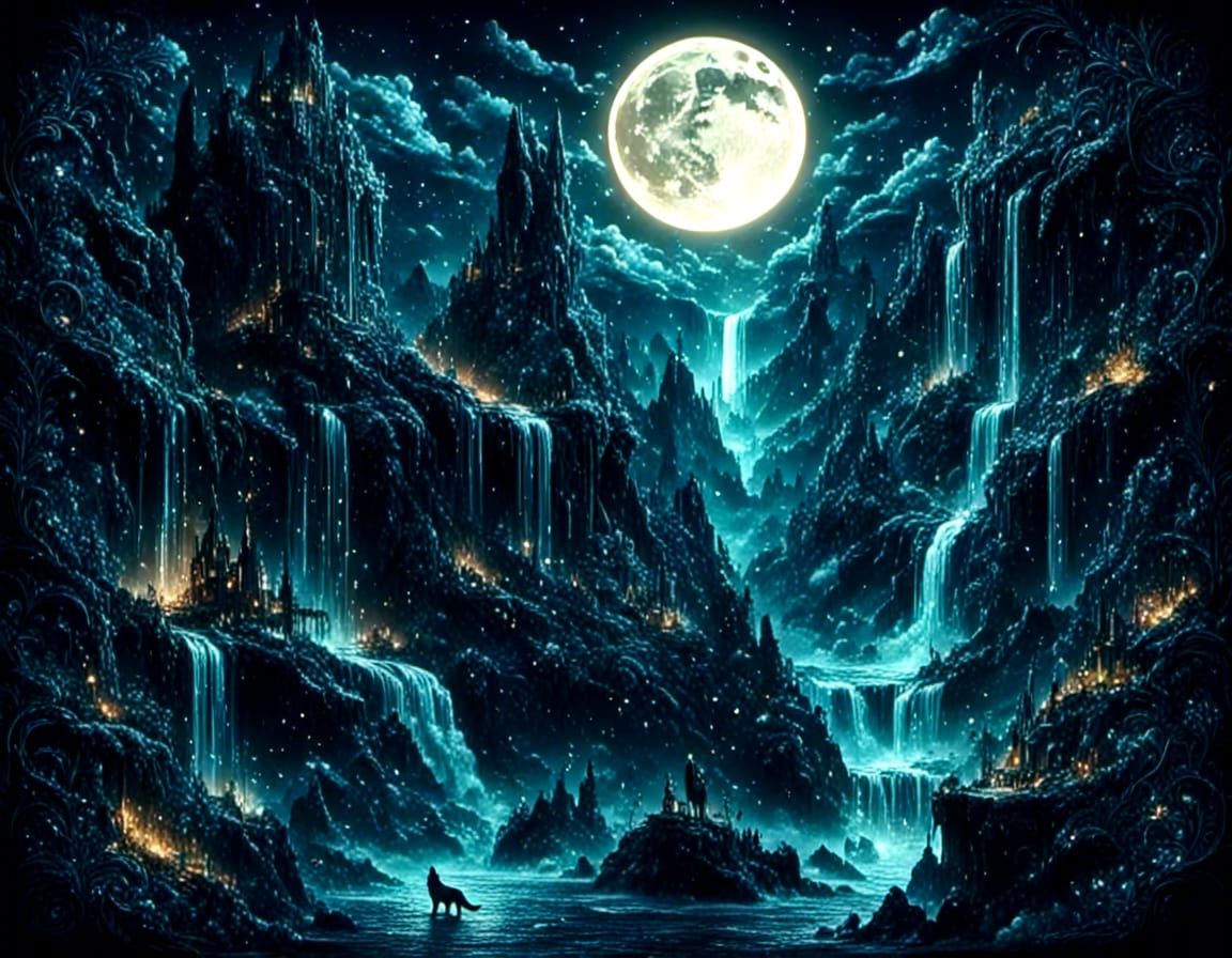 Fantasy Landscape with Wolf Mountain and Phoenix