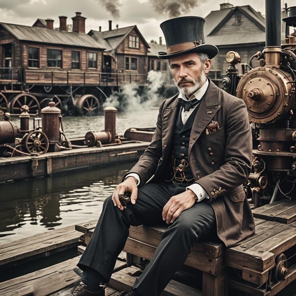 Man in Victorian Suit with Steampunk Engine