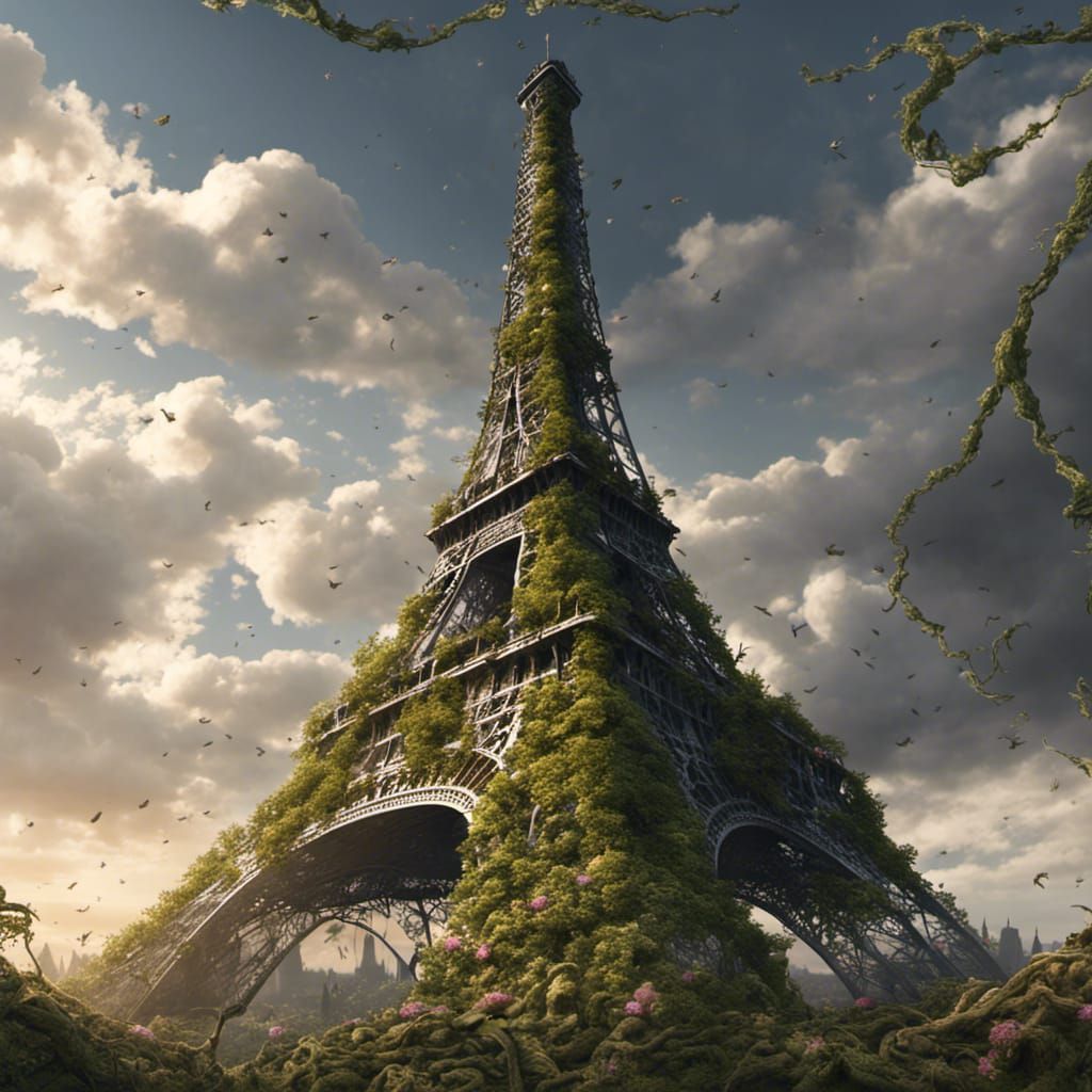 Overgrown Eiffel Tower in Ruins: Dark Fantasy Art