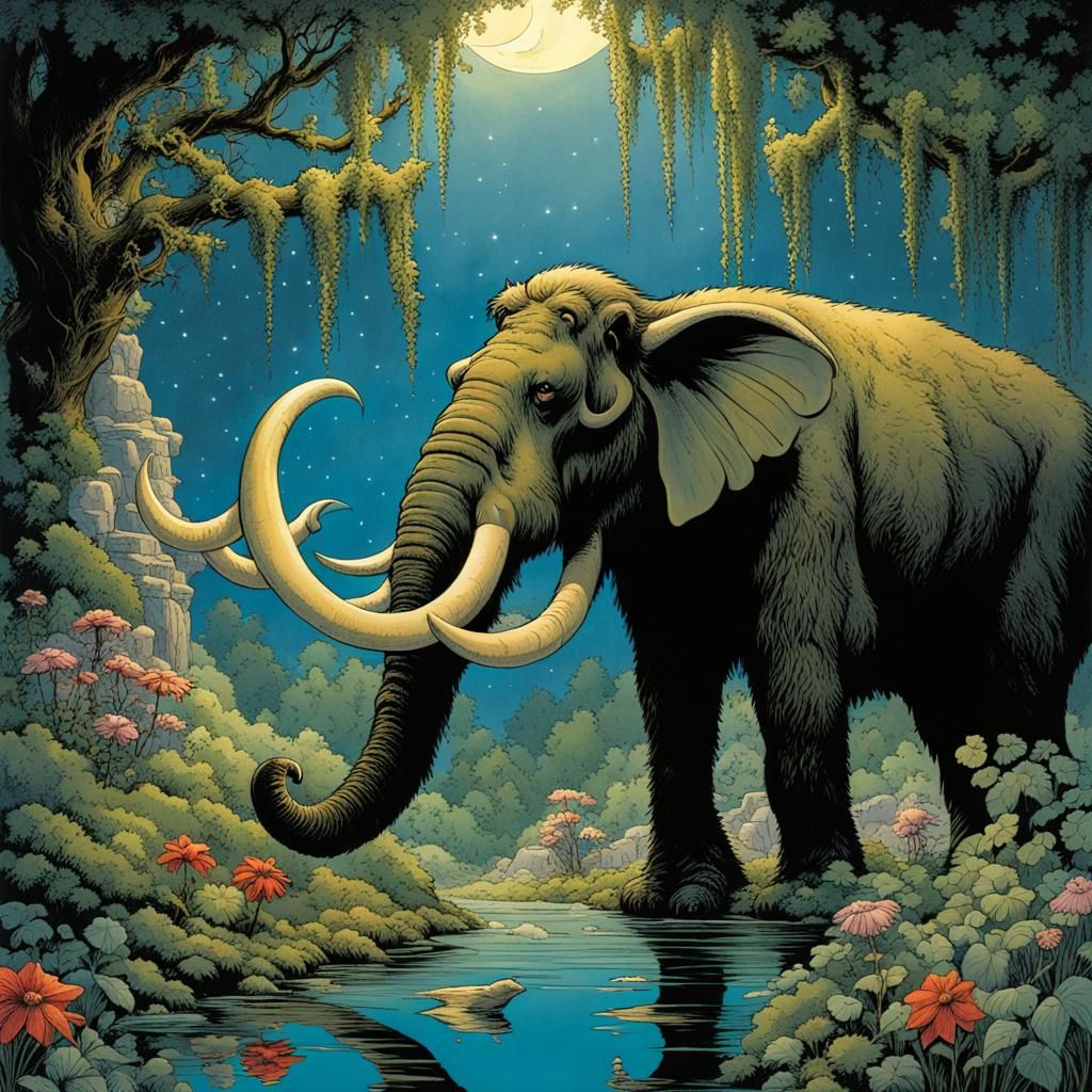 Enchanted Mammoth in Magical Forest, Fairytale Art