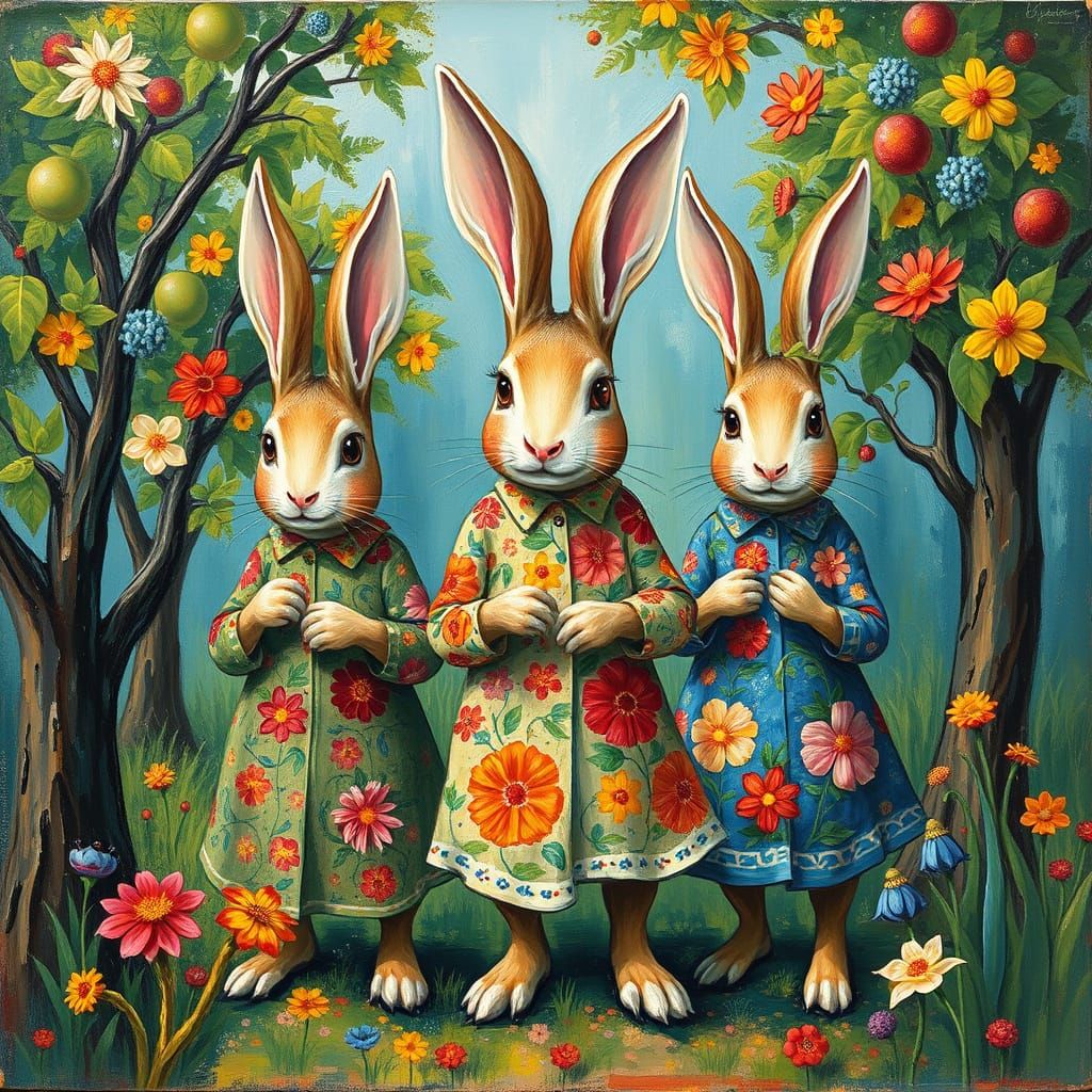 Whimsical Rabbits Carry Freedom in Dreamlike Forest