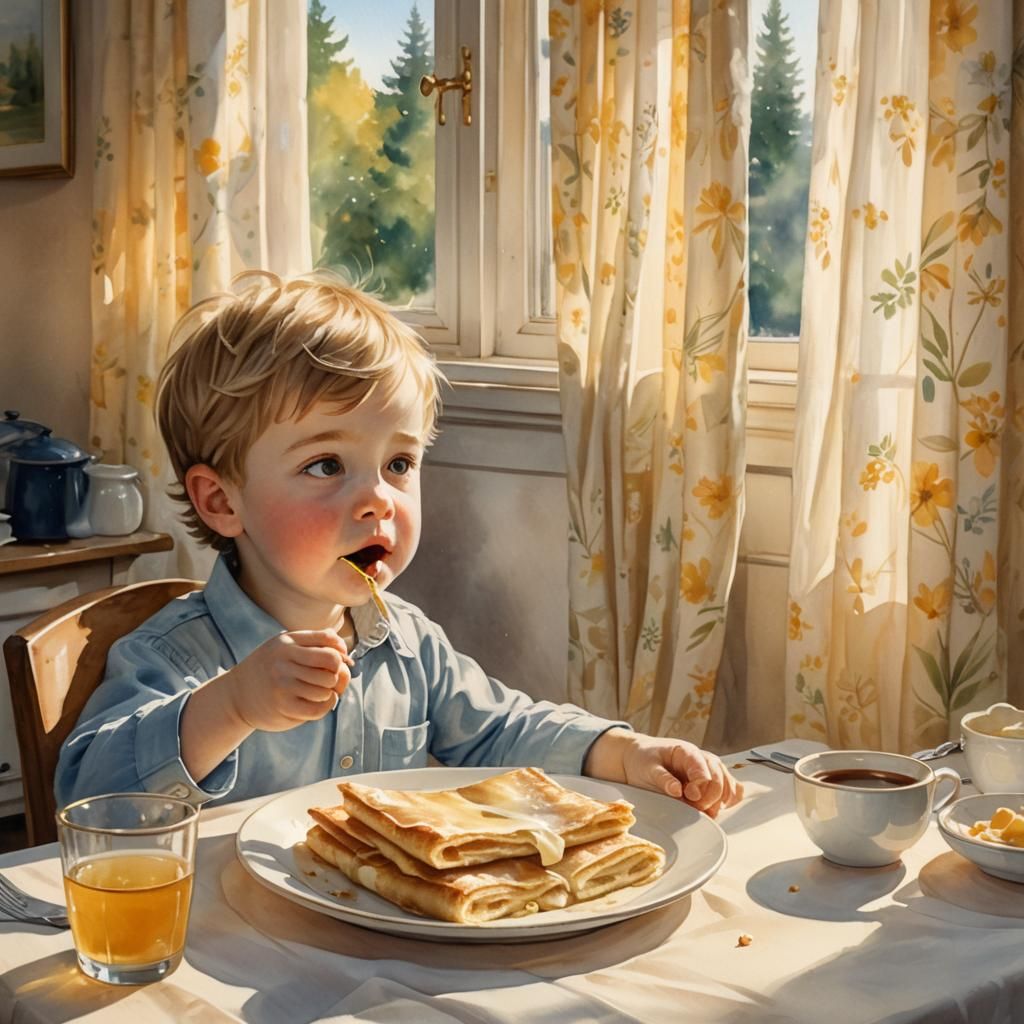Whimsical Watercolor of Boy Eating Blintzes