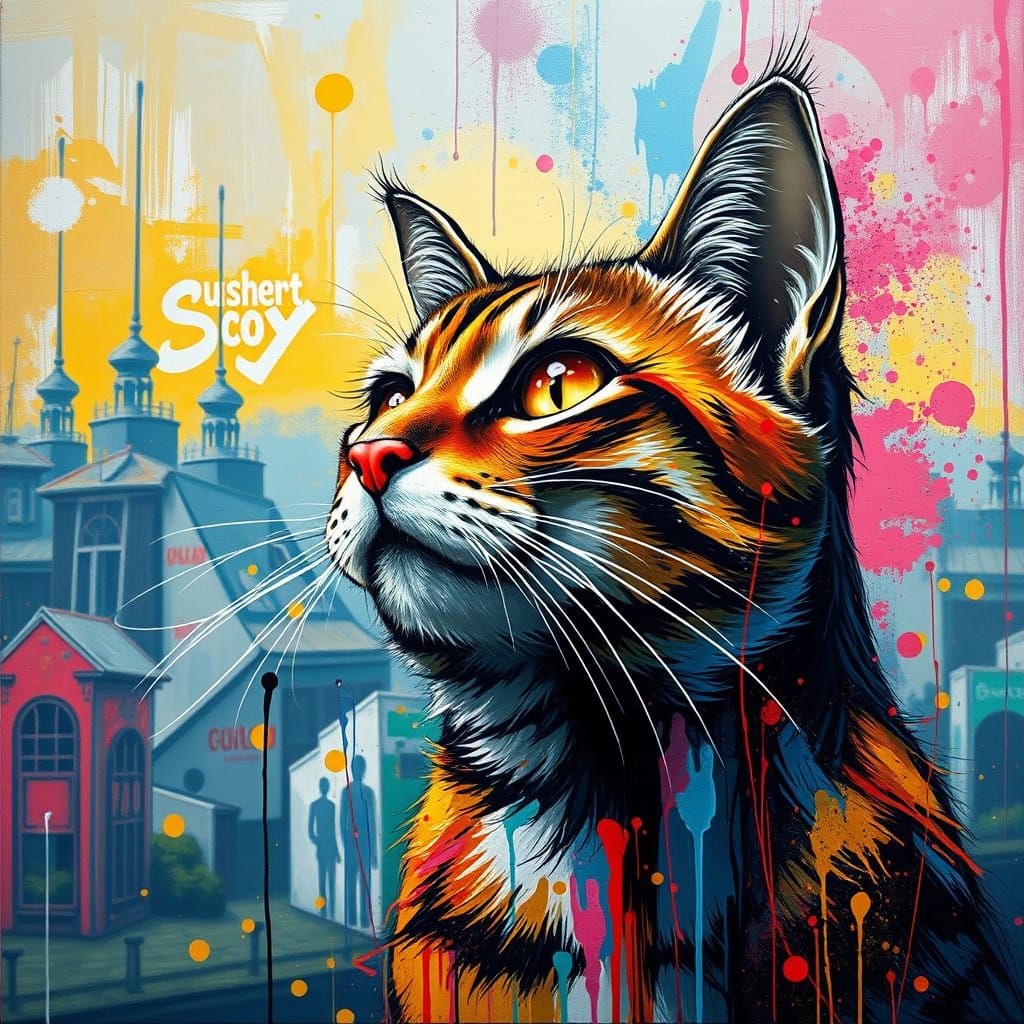 Vibrant Urban Cat in a Dazzling Cityscape