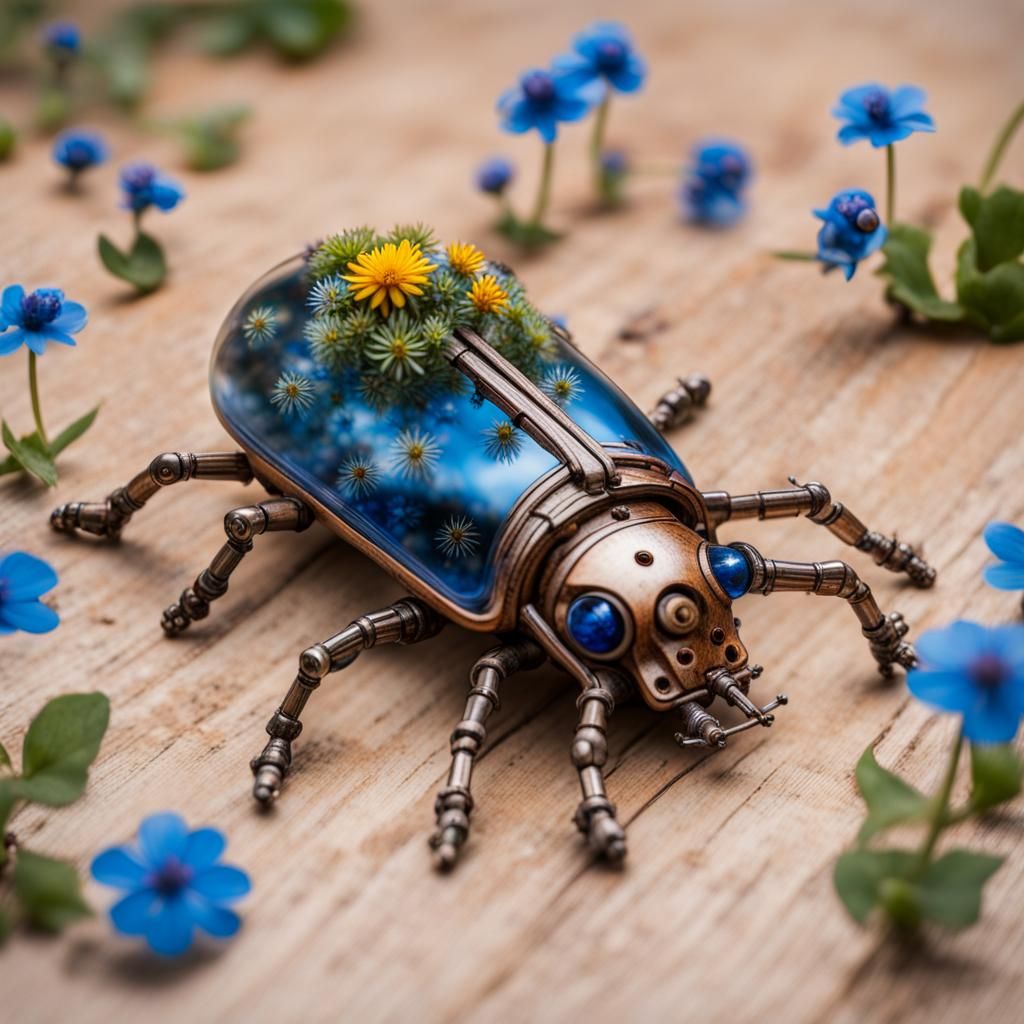 Glass Beetle with Flowers in Steampunk Forest