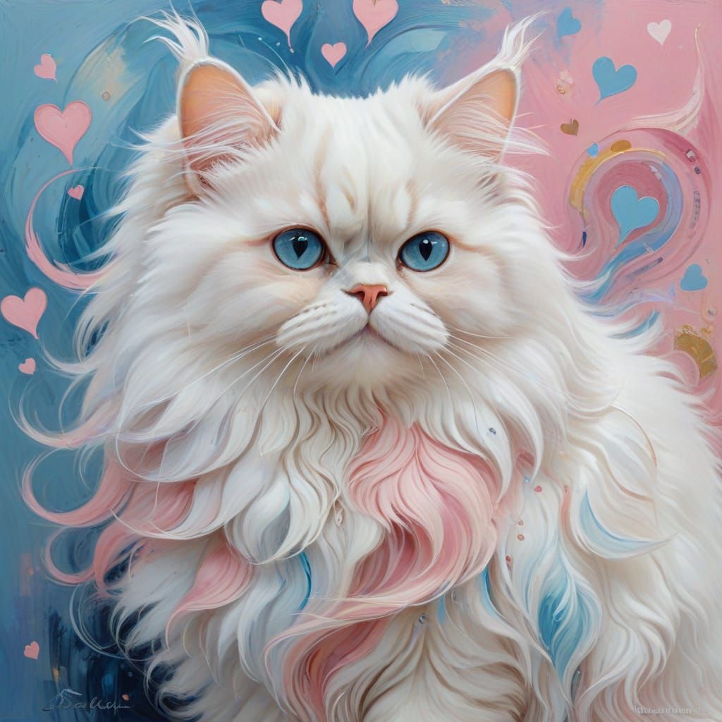Elegant Persian Cat in Pastel Pink & Blue Oil Painting