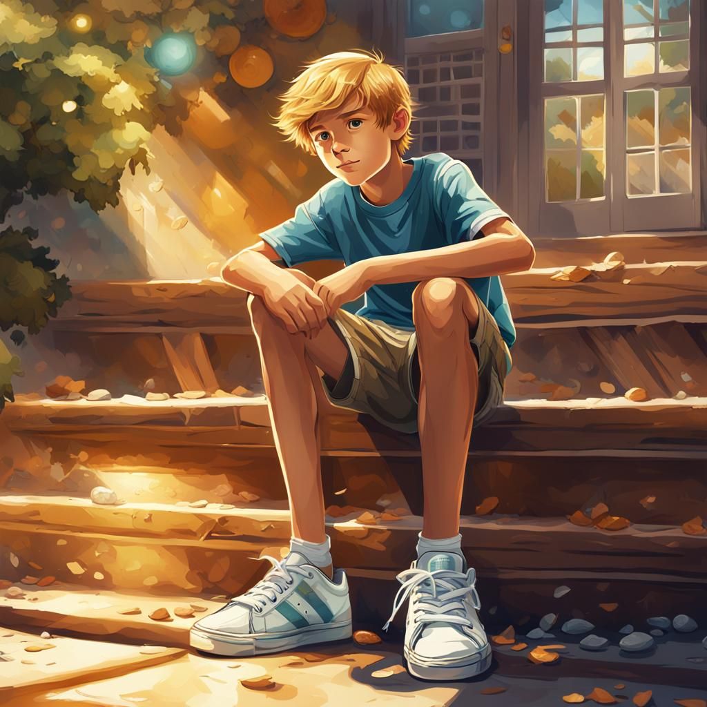 Boy with Golden Hair and New Sneakers