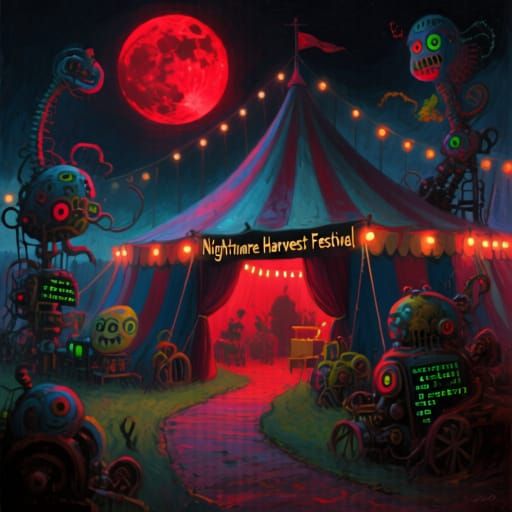 Surreal Code Circus Under Blood Moon in Goya Chagall Style