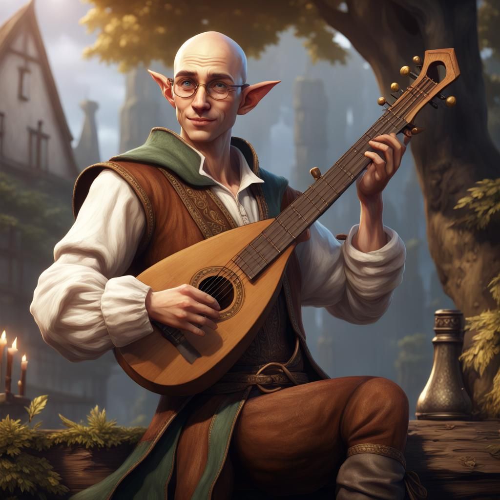 Smiling Bald Elf Bard with Lute, Fantasy Art