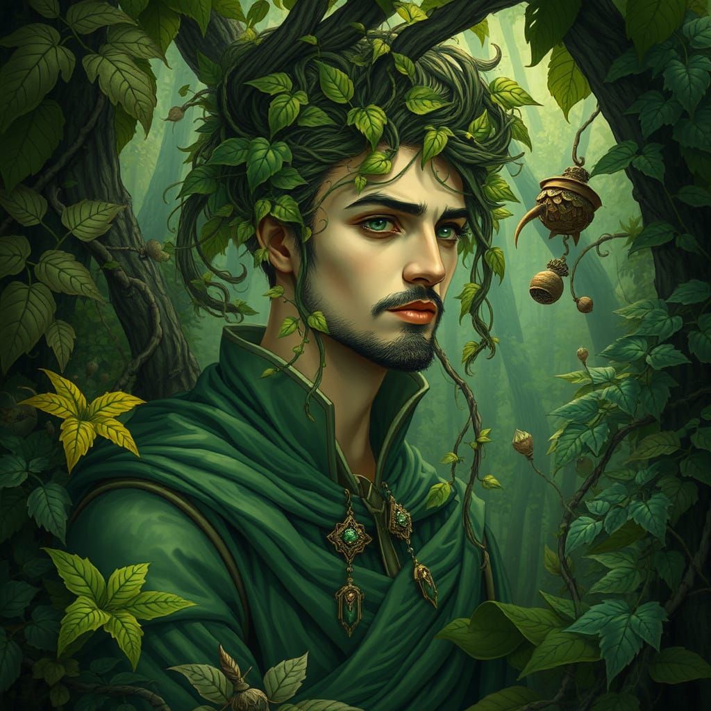 Green Man Immersed in Vibrant Mystical Forest