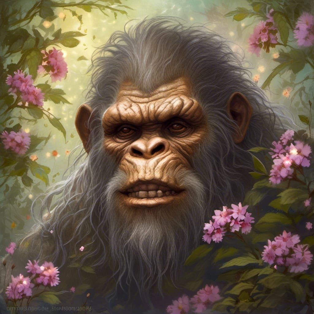 Hyperrealistic Baby Bigfoot in Fairycore Garden