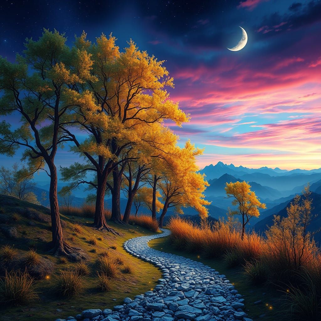 Moonlit Dreamscape with Majestic Trees and Glittering Path