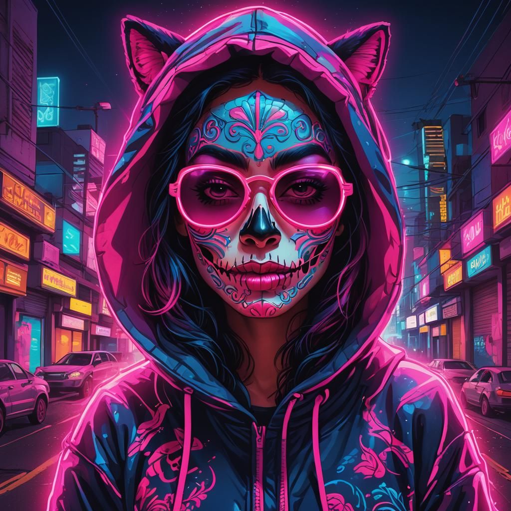Neon Venezuelan Catrina in Synthwave Retro Illustration