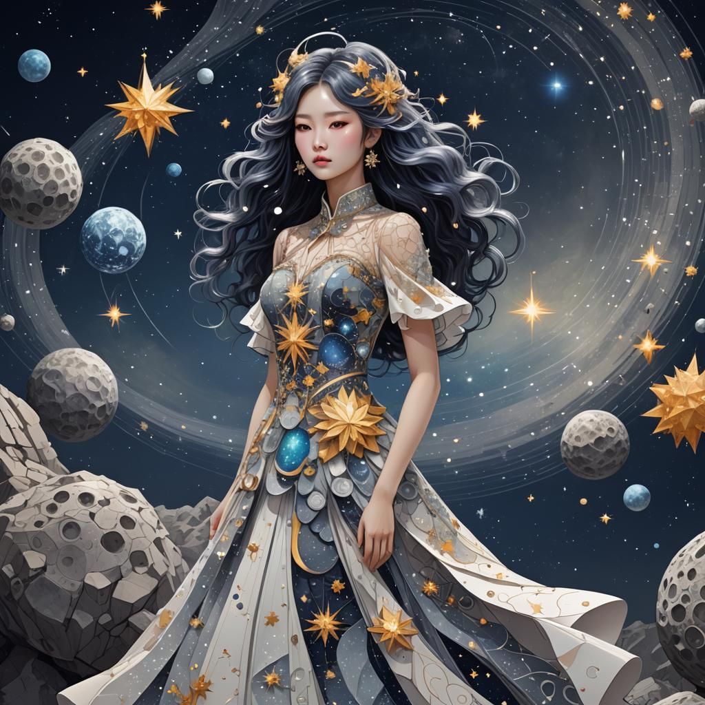 Korean Girl on Asteroid with Star Hair, Abstract Fractal Art