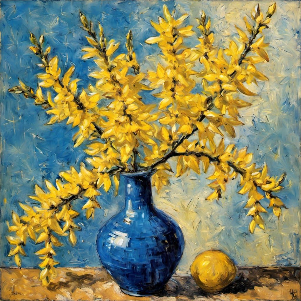 Forsythia in a blue vase